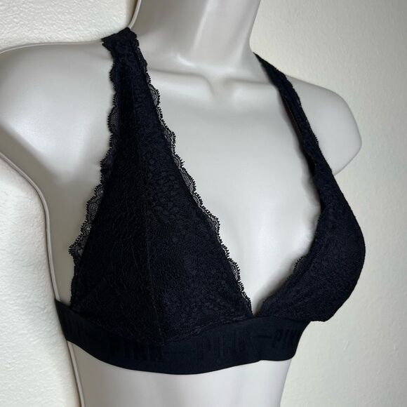 Pink Victorias Secret Black Lace Bralette Racer Halter T Back Women Size Small - Picture 2 of 16